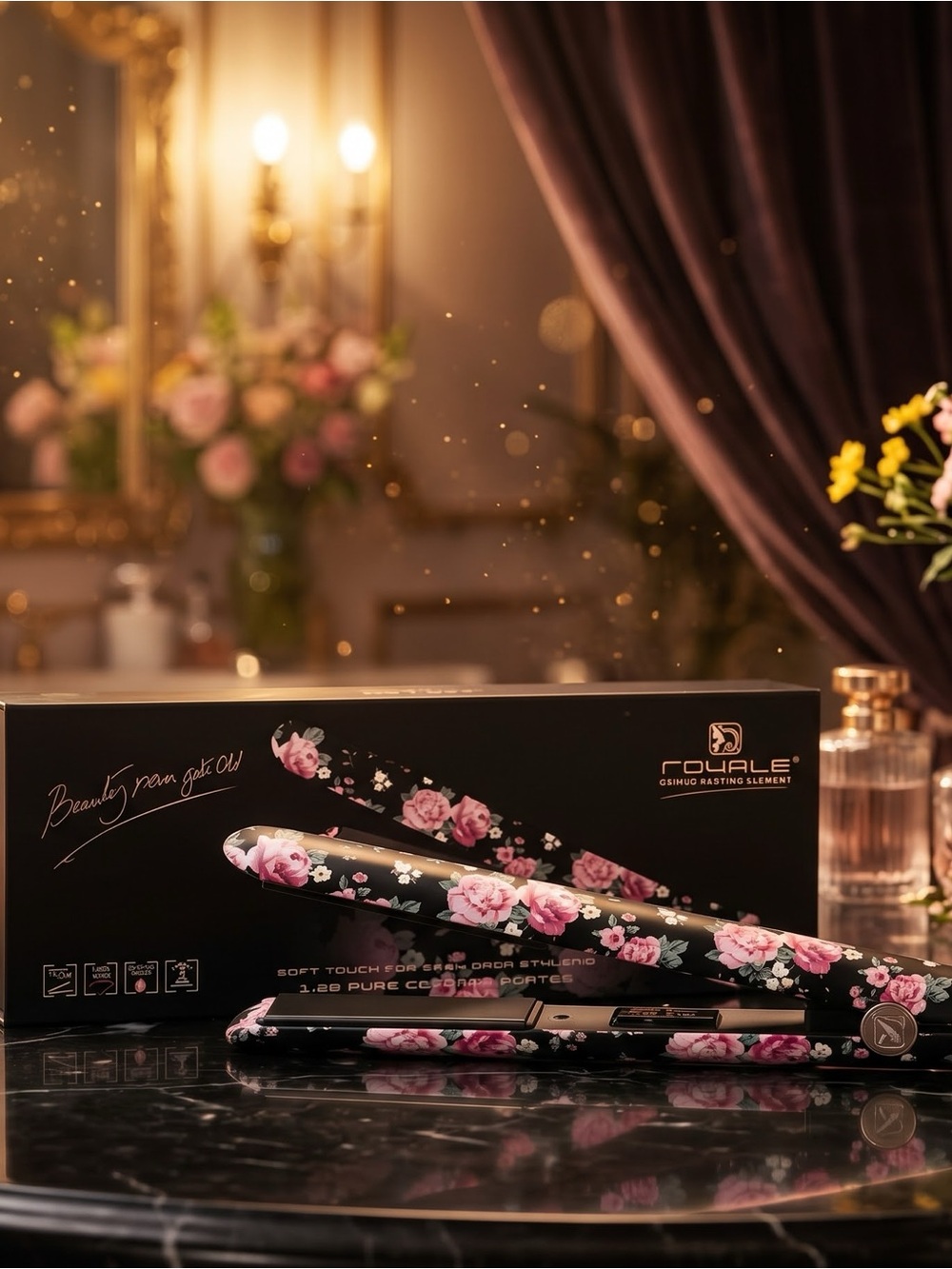 NIB Royale Platinum Genius Flat Iron 1.25" Ceramic Pretty In Print Floral